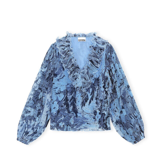 V-neck Ruffle Blouse Pleated Georgette