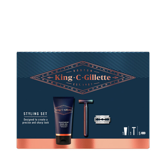 Presentförpackning För Styling: Dubbeleggad Säkerhetsrakhyvel + 5 Rakblad + Transparent Rakgel 150 ml
