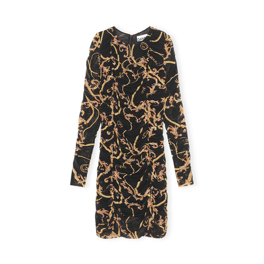 O-neck Gathered Panel Mini Dress Printed Mesh